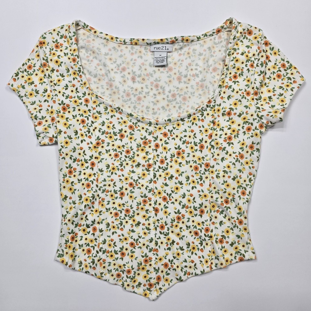Rue 21 Y2K Floral Ribbed Crop Top Women's Medium White Orange Yellow Cottagecore